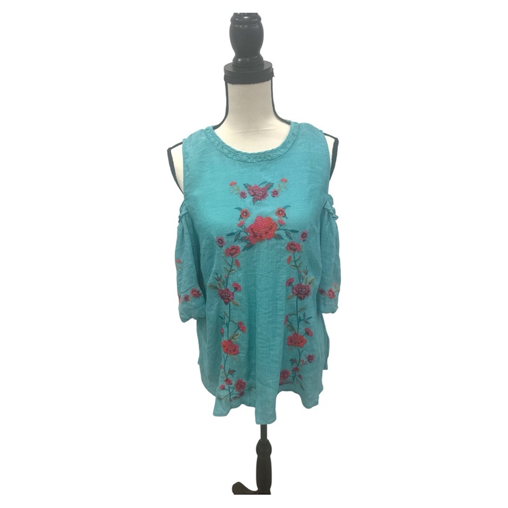 Umgee cold shoulder chambray embroidered flowers blouse